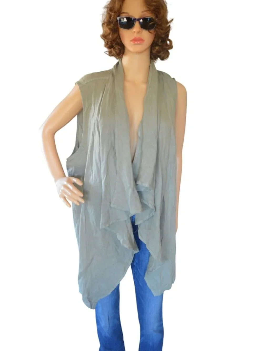 New Nicole Miller New York Linen Open Draped Vest Sage Green Women Size 1X Boho